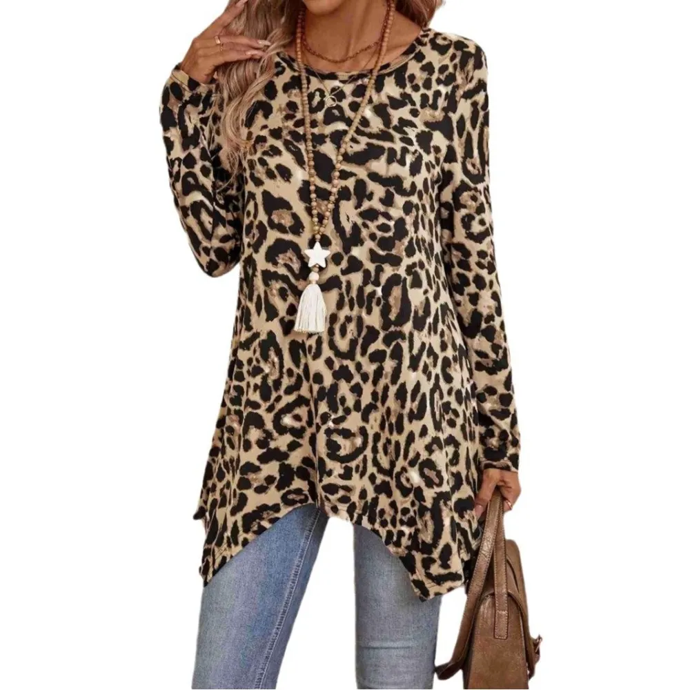 Long Sleeve Round Neck Asymmetrical Hem T-Shirt
