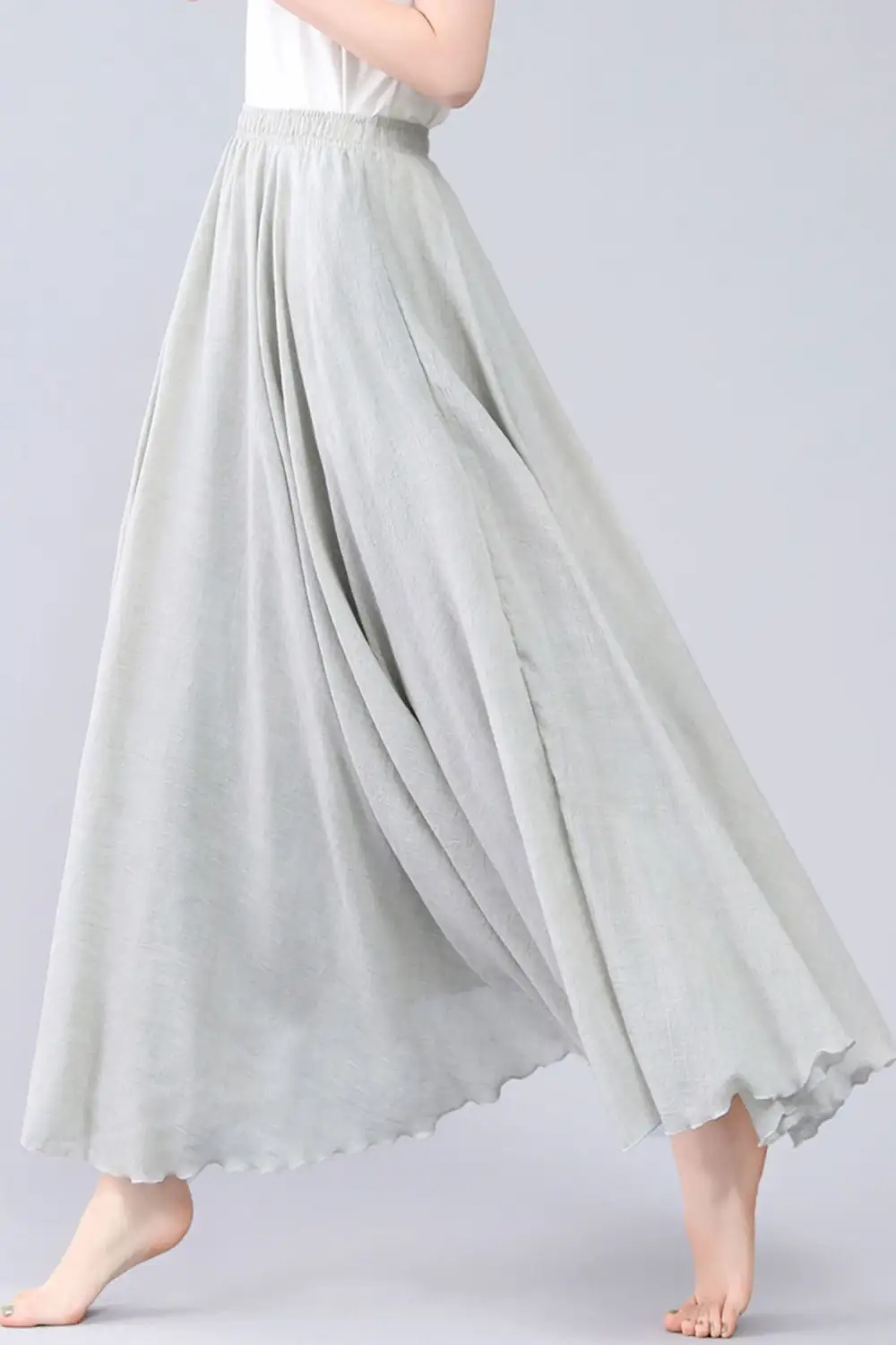 Checkered Linen Cotton Pleated Circle Elastic Waist Skirt