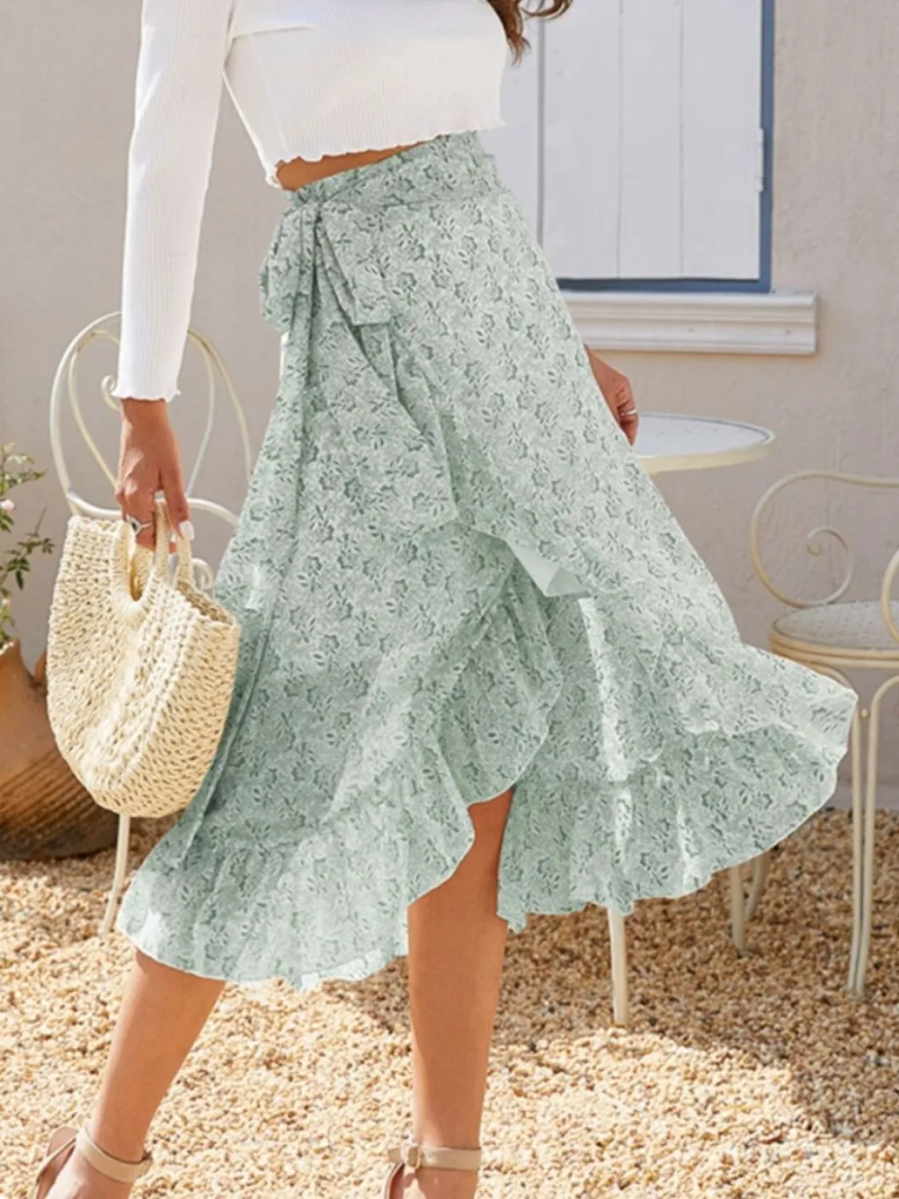Ruffle Printed Midi Skirt