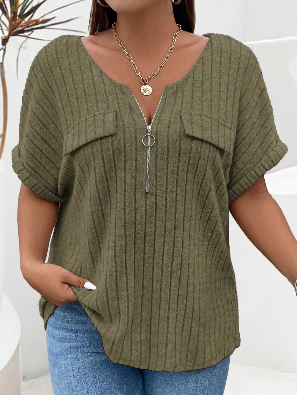 Ribbed V-Neck Knit Top