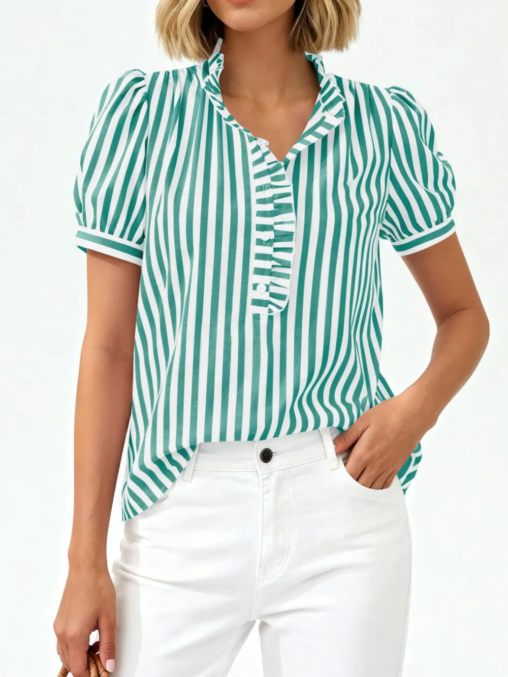 Frill Striped Puff Sleeve Buttoned Ruffled Blouse