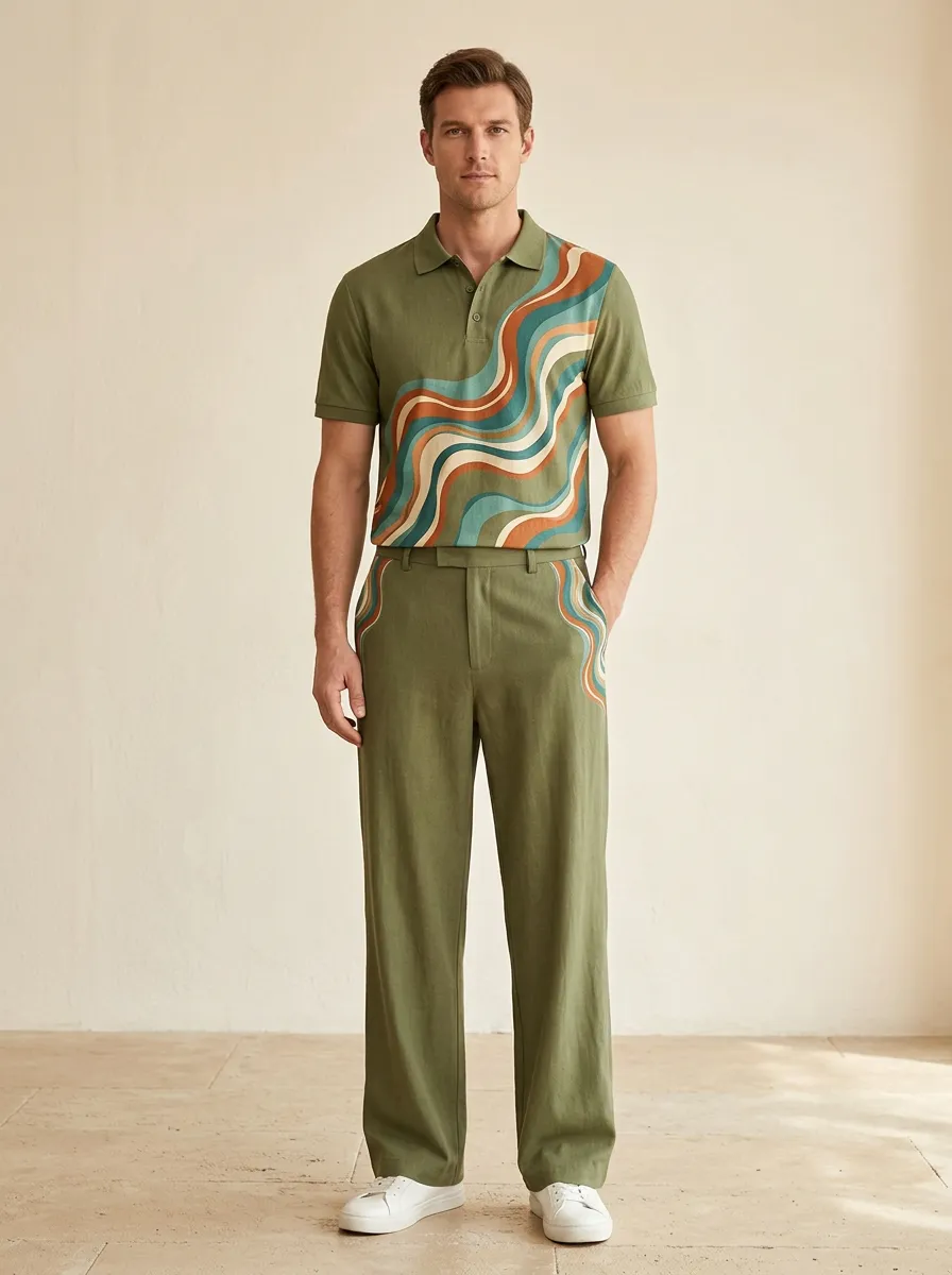 Men's Retro Wave Pattern Printed Casual Polo Shirt and Pants Set