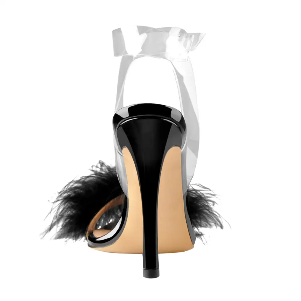 Feather High Heel Clear Strap Stiletto Sandals