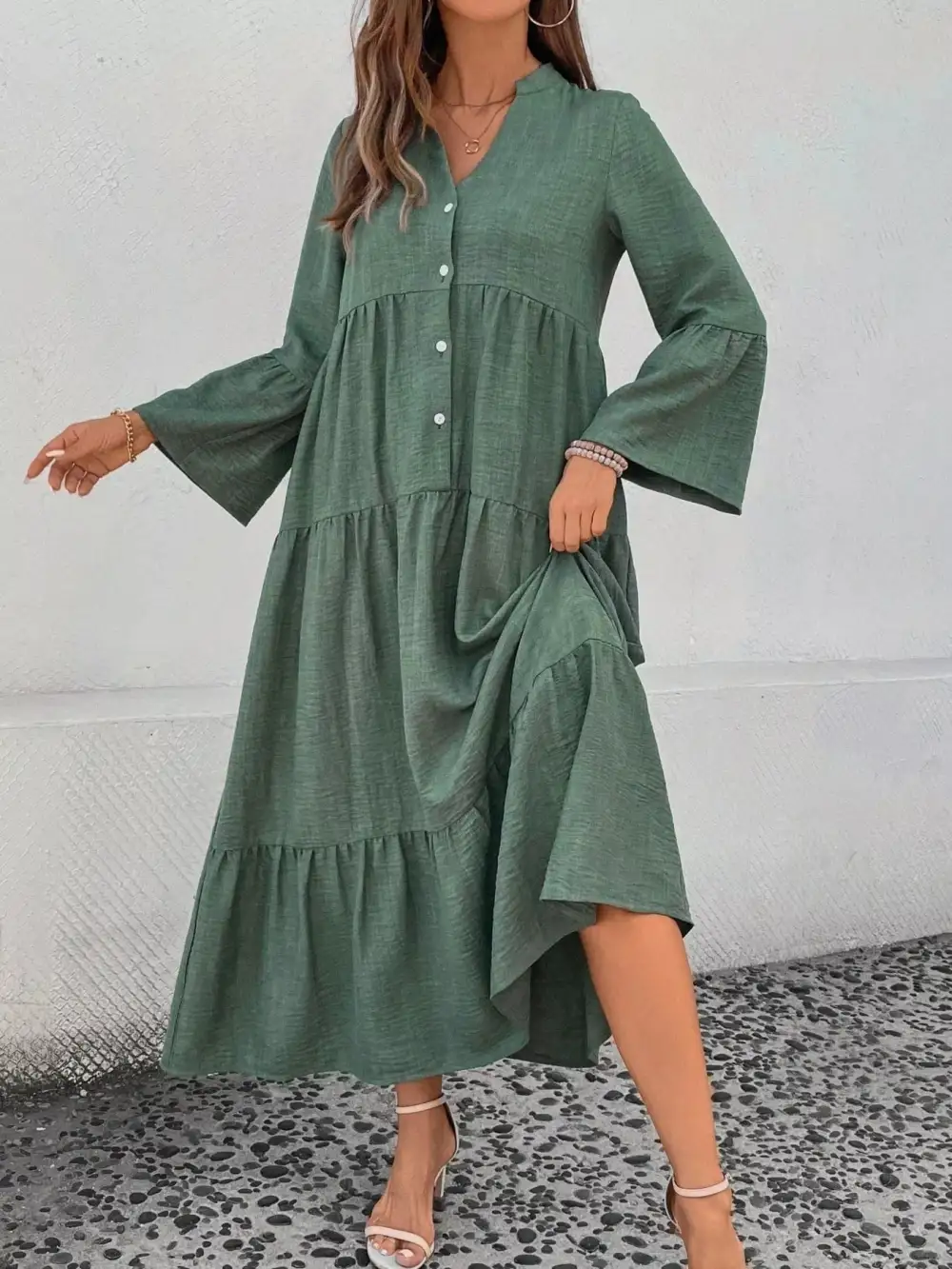 Button Front Ruffle Tiered Dress Casual
