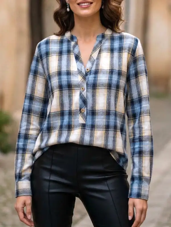 V Neck Plaid Button Shirt