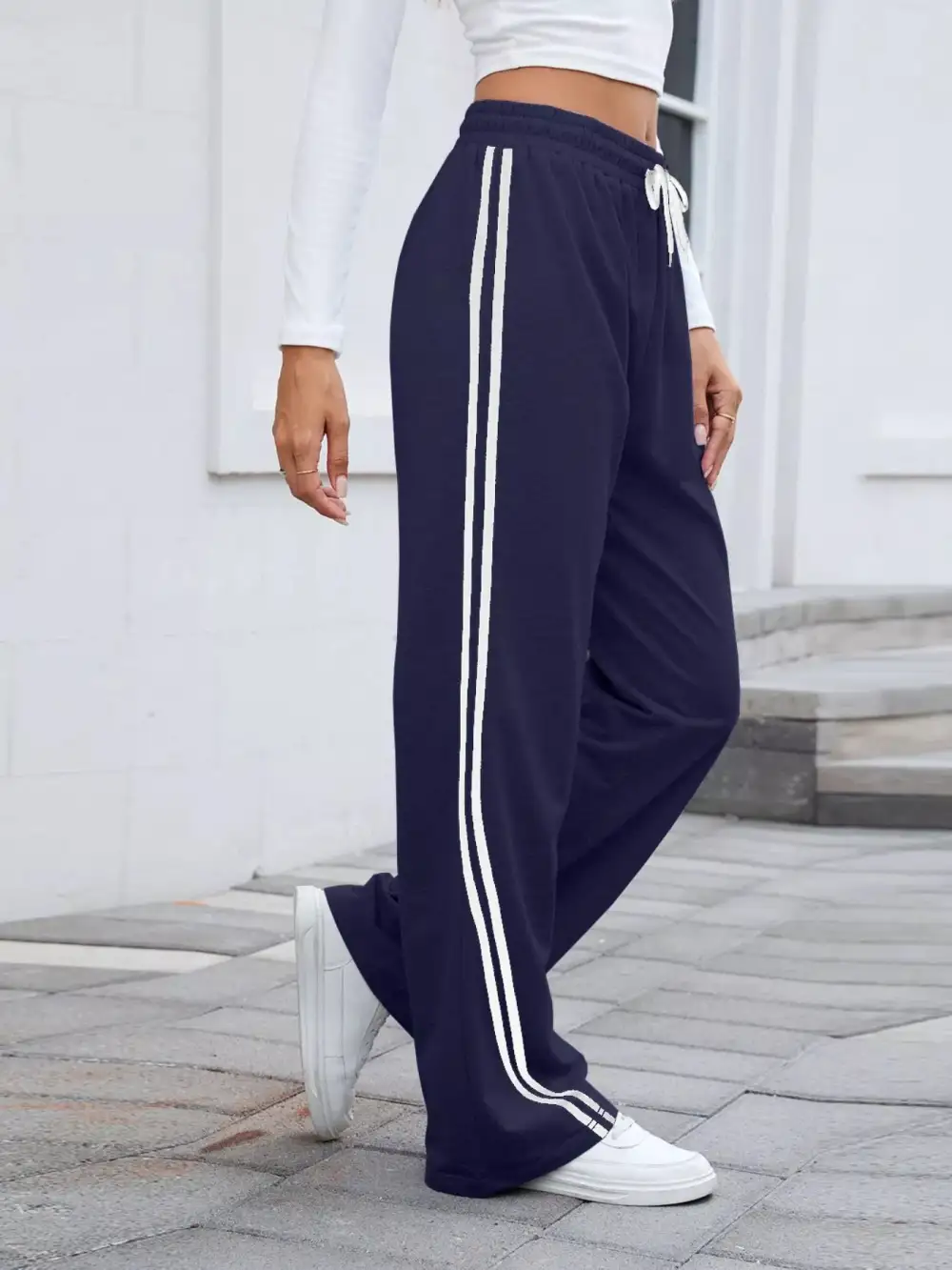 Wide Leg Striped Drawstring Everyday Pants