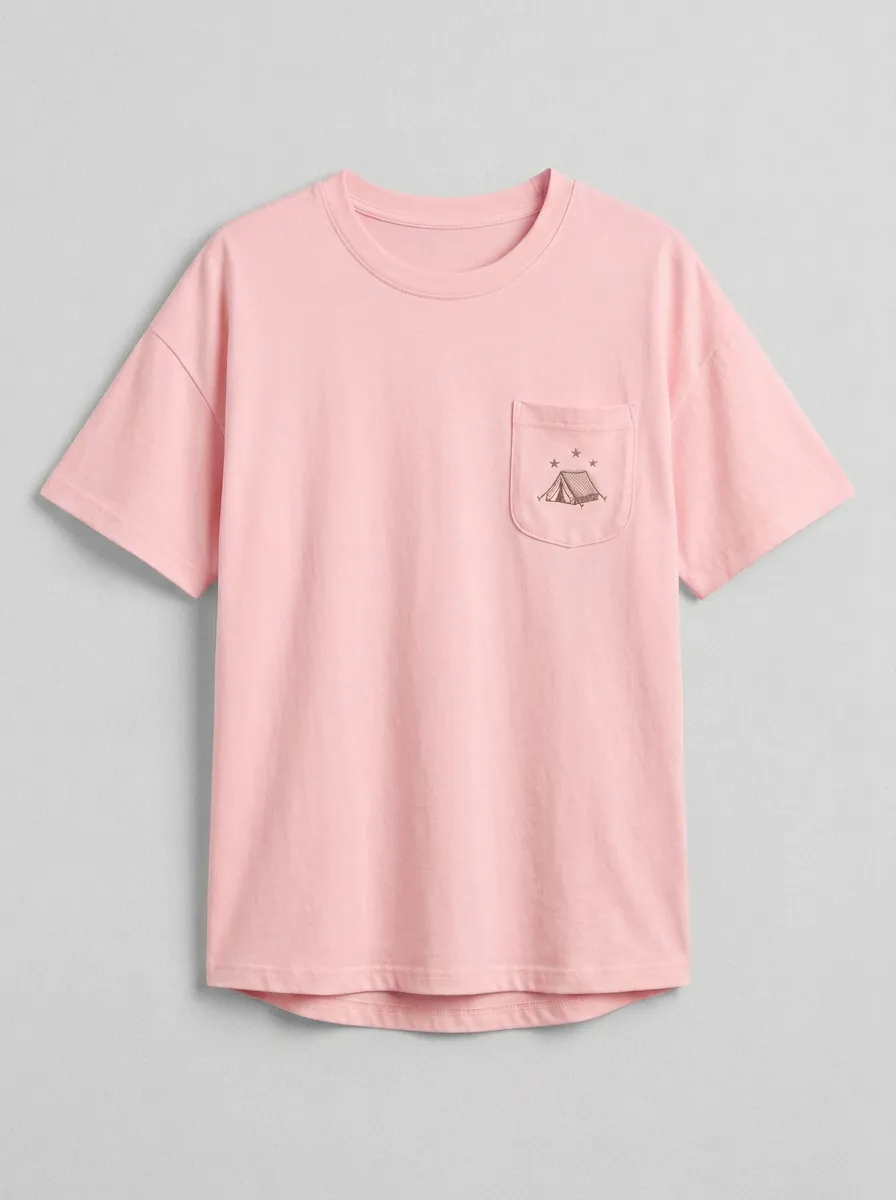 Women's Camping Tent Relaxed Embroidered Pocket Crewneck T-Shirt