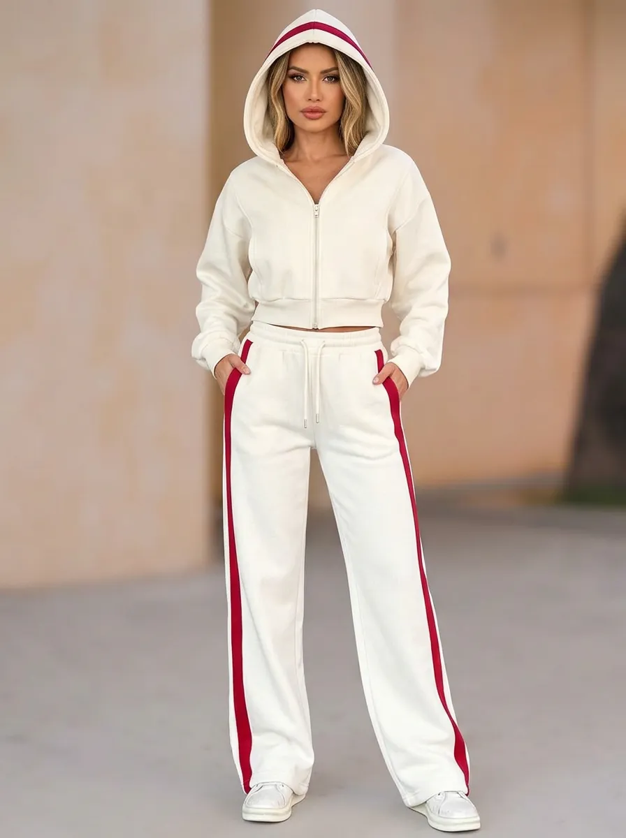 Women's Contrast-Stripe Zip-Up Hoodie & Wide-Leg Pants Ribbed-Trim Side-Stripe Drawstring-Waist Set