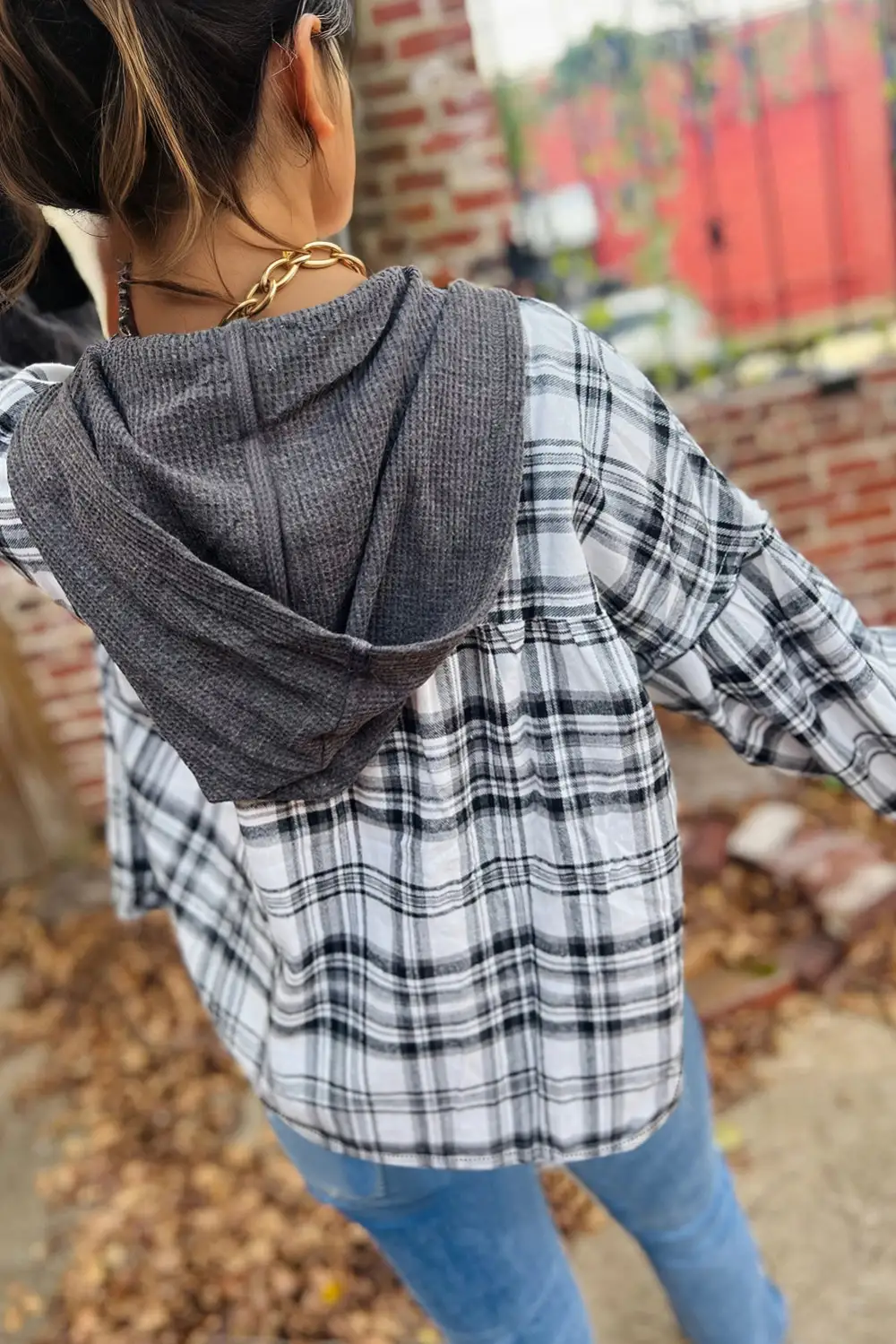 Gray Plaid Patchwork Long Sleeve Button Hooded Blouse
