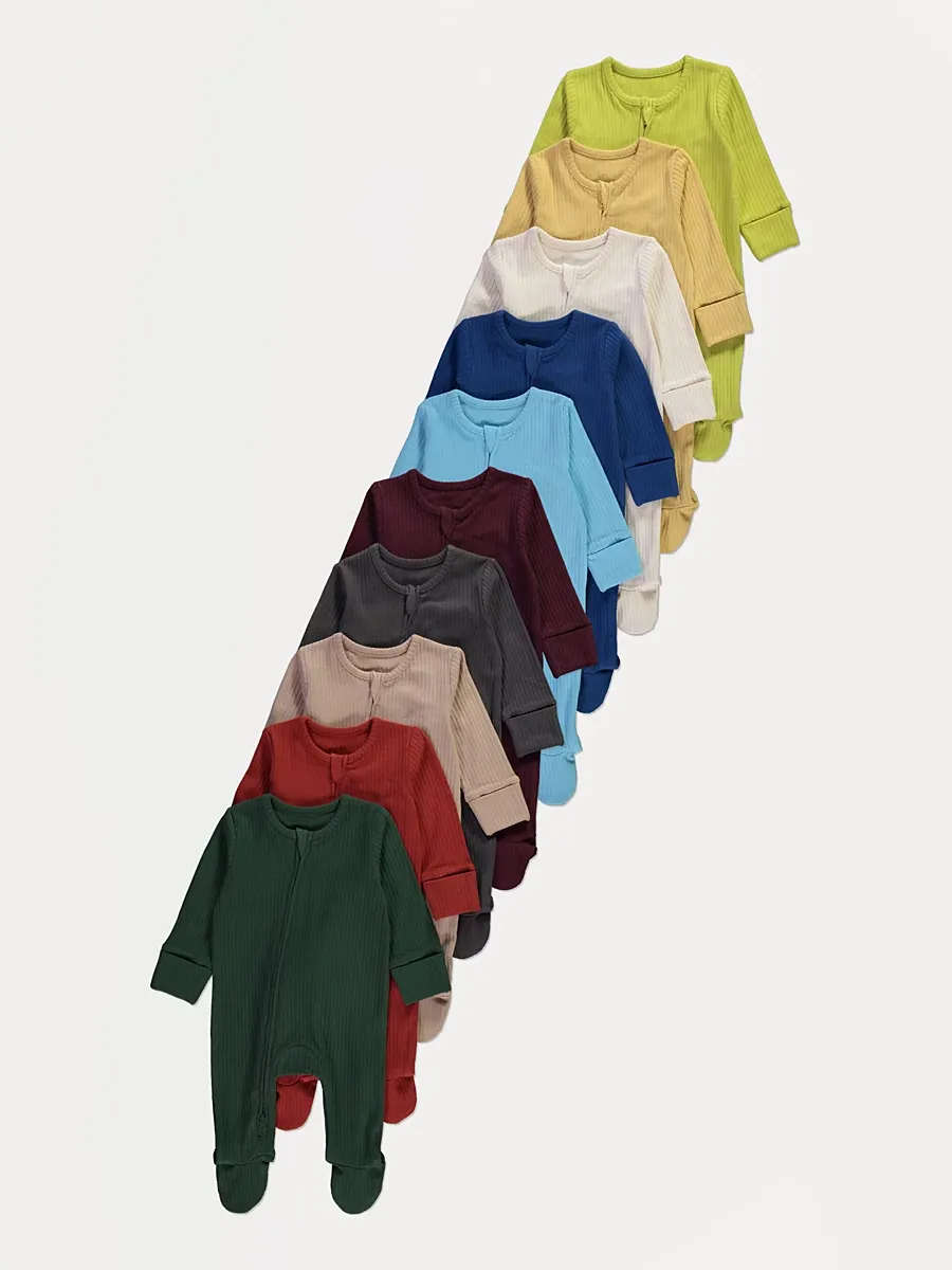 Bright Ribbed Zip Fasten Sleepsuits 10 Pack