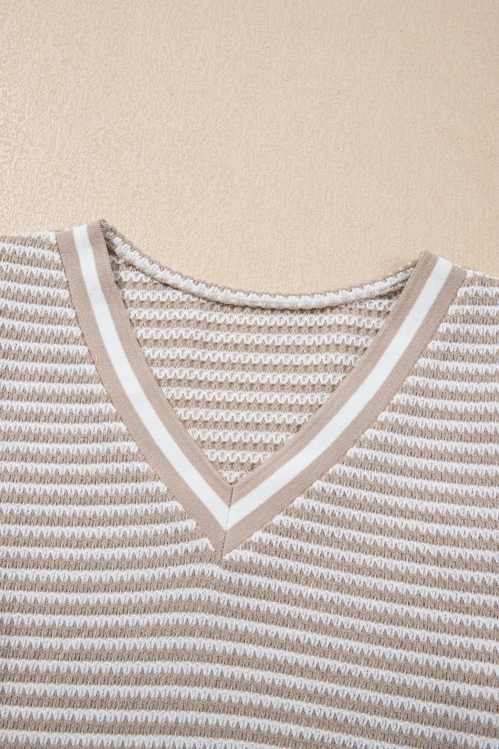 Beige Striped Textured Knit V Neck Top