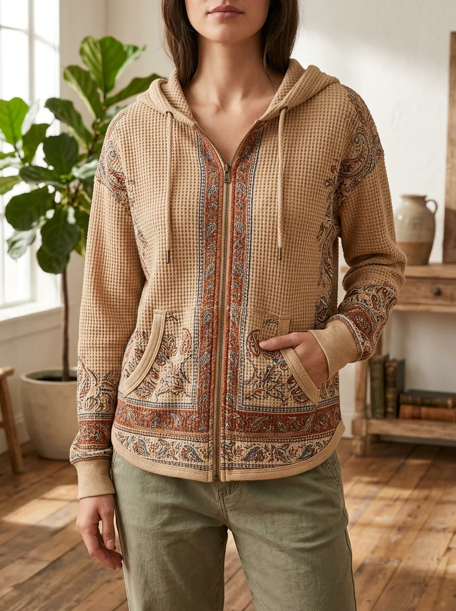 Women's Boho Paisley Signature Look Waffle Zip-Up Hoodie