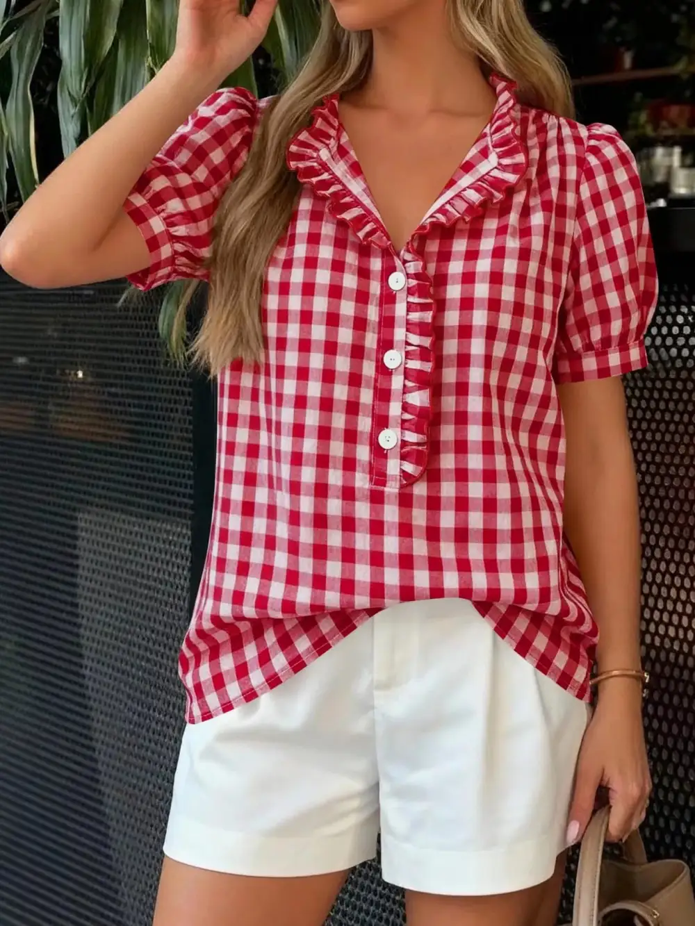Gingham Button-Front Puff Sleeve Blouse