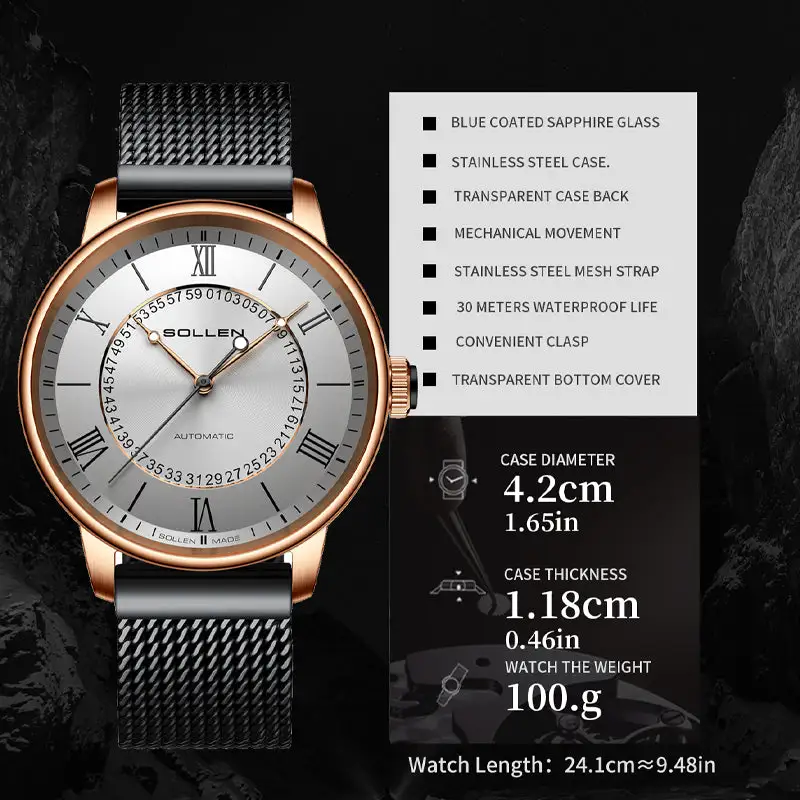 Sollen SL201 Men's Skeleton Automatic Mechanical Watch - 42mm Stainless Steel Case Double-Layer Dial Luminous Hands Mesh Bracelet Wristwatch