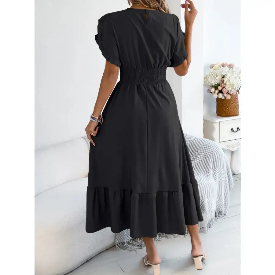Smocked Frill Round Neck Midi Dress