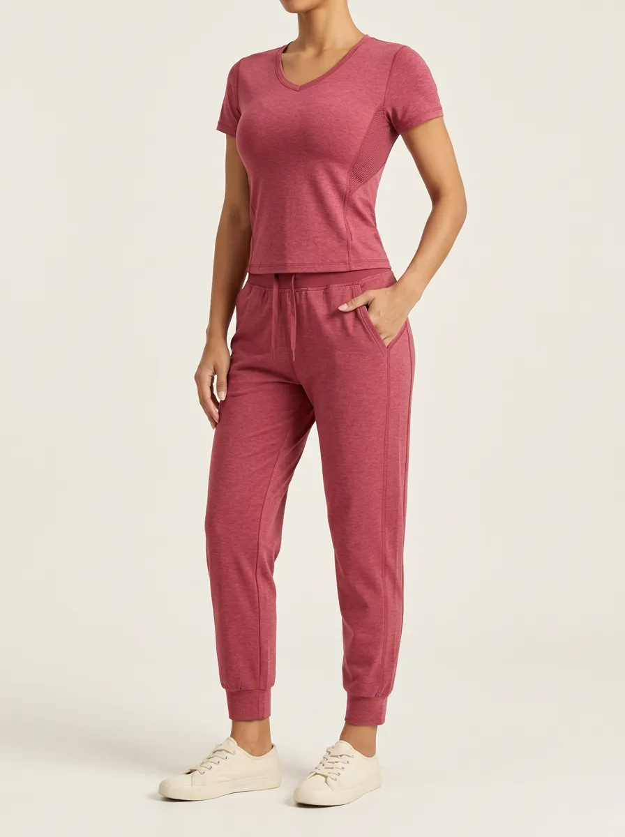 Women's Red V Neck and Joggers Two Piece Set