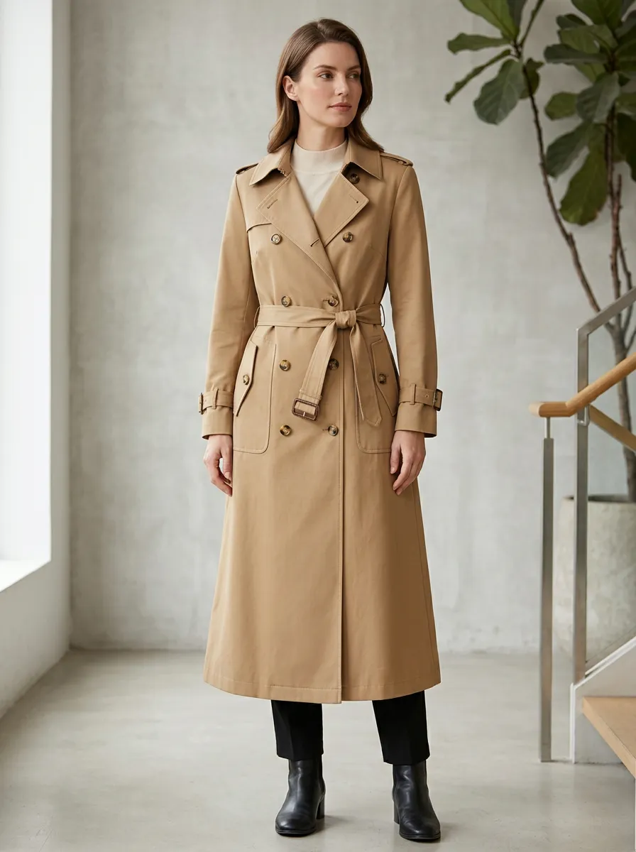 Women's Double-Breasted Printed Classic Long Trench Coat