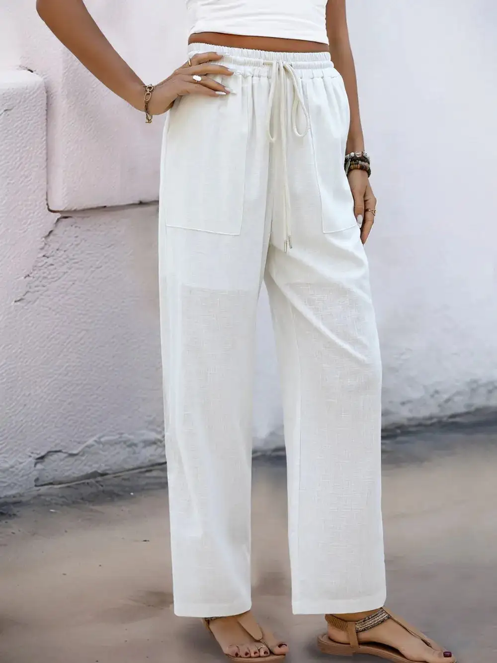 Drawstring Straight Leg Relaxed Fit Pocketed Pants