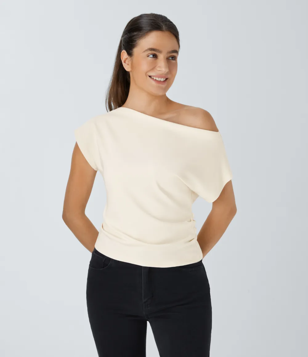 Off Shoulder Short Sleeve Ruched Casual Cotton Top
