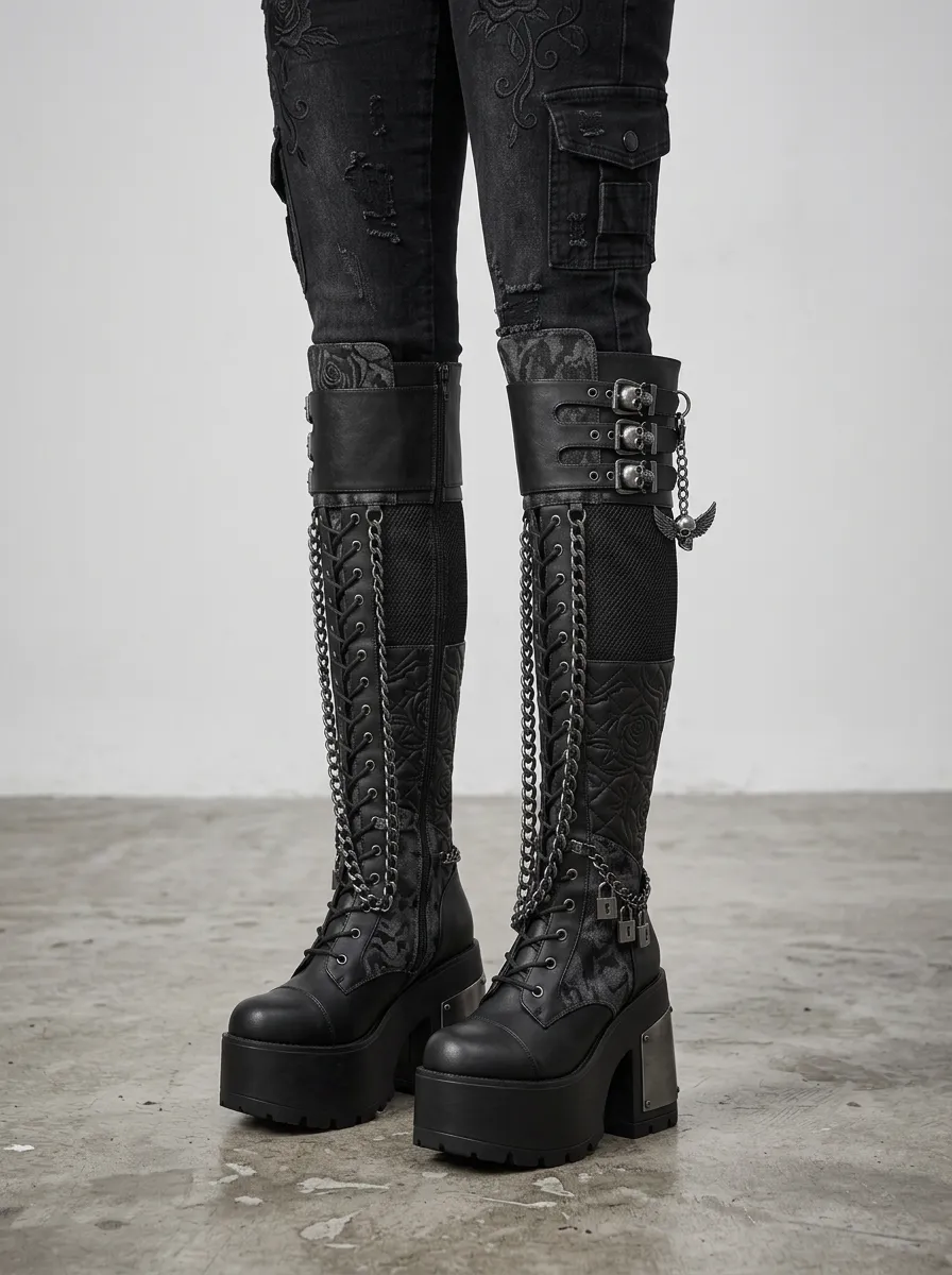 Dark Skull Rose Chain Gothic Edit Women's Gothic Platform Knee High Boots