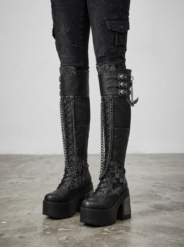 Dark Skull Rose Chain Gothic Edit Women's Gothic Platform Knee High Boots