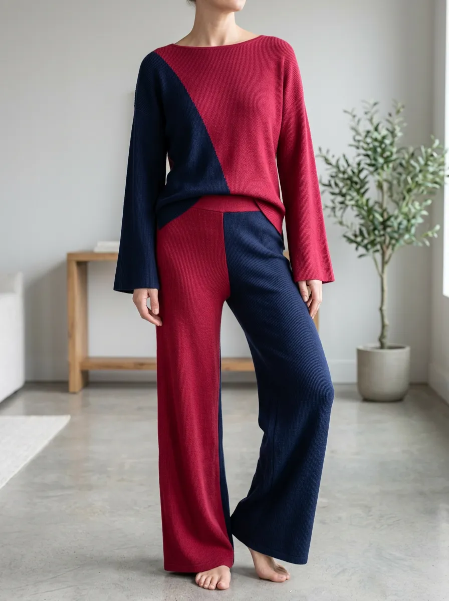 Women's Colorblock Casual Two-Tone Wide Leg Pants Set