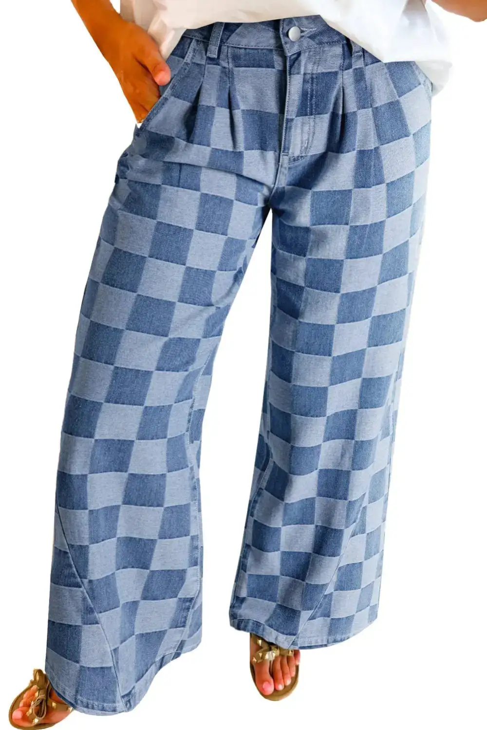 Plaid Relaxed Fit Wide Leg Pocketed Casual Jeans