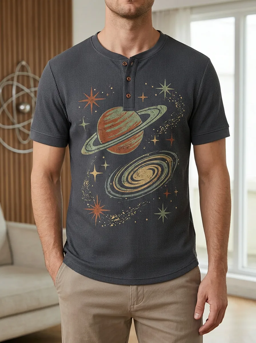 Men's Space Astronomy Planet Galaxy Printed Henley T-Shirt