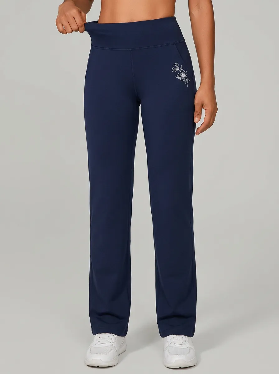 Women's Contemporary All Day Floral Embroidered Mid Rise Straight Leg Pants