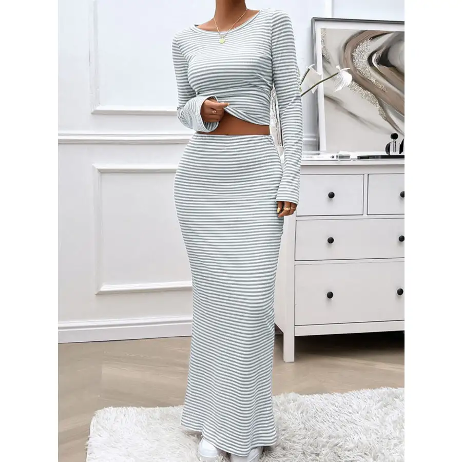 Striped Boat Neck Top and Skirt Set