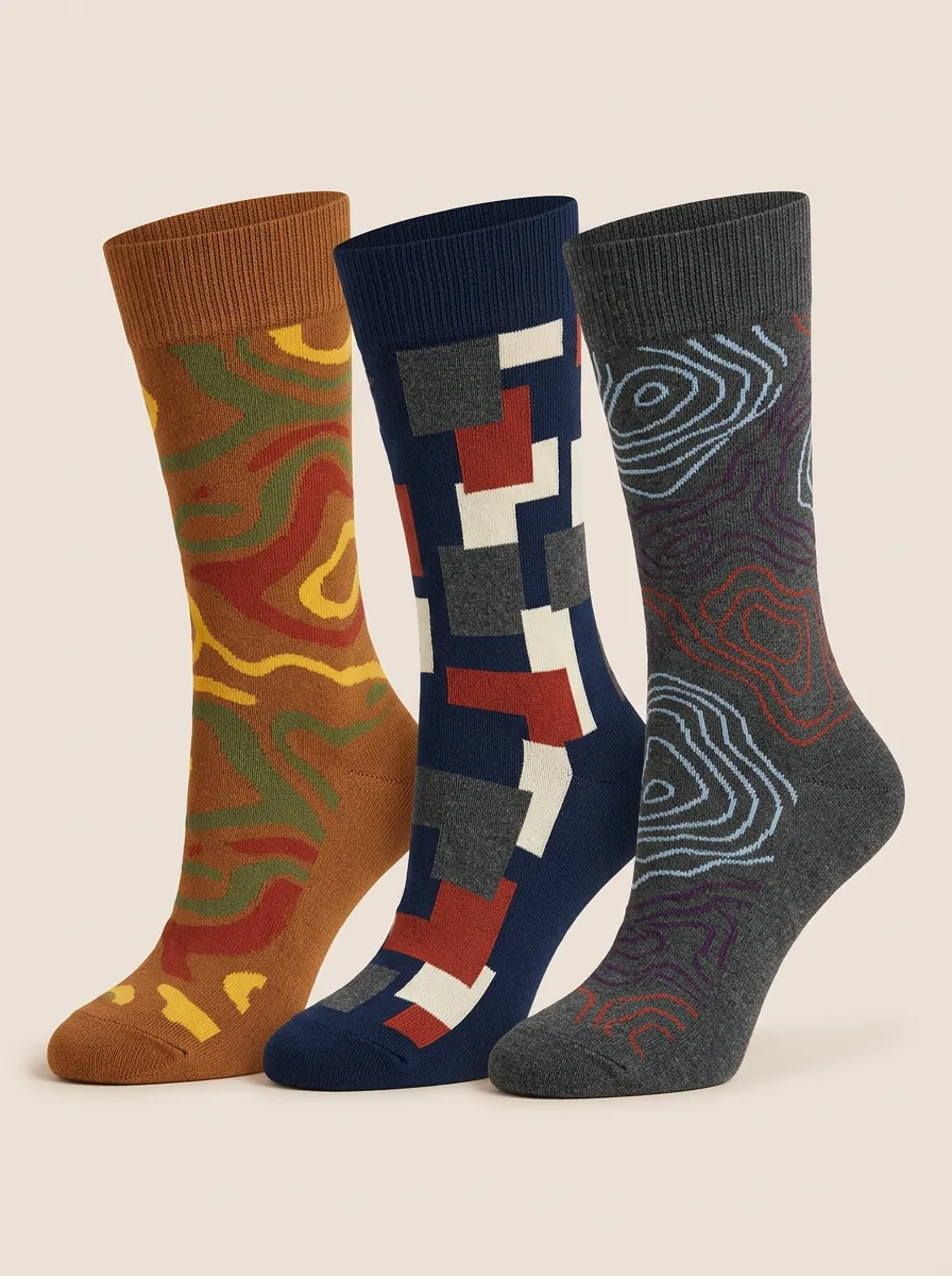 Men's Wave Pattern Topographic Lines Crew Sock Trio