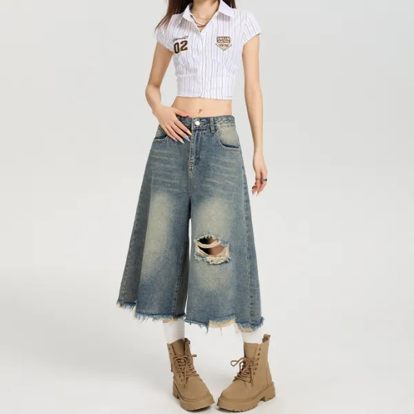 Streetwear High Waist Wide Leg Denim Shorts