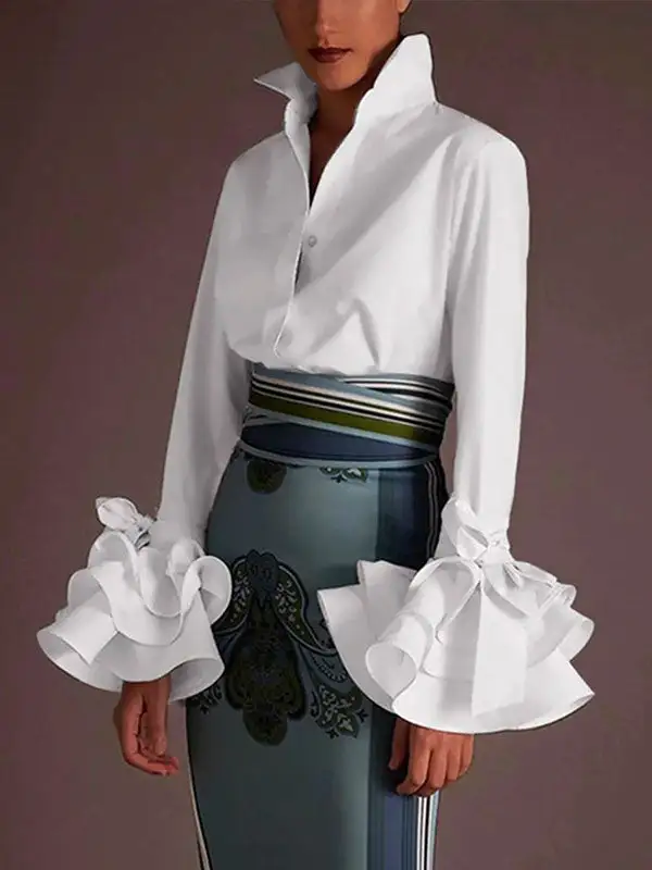 Women's Cotton Ruffled Lapel-Collar Blouse