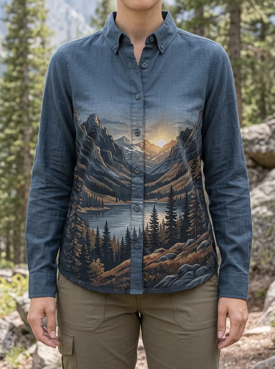 Women's Nature Lover Mountain Lake Sunset Printed Shirt