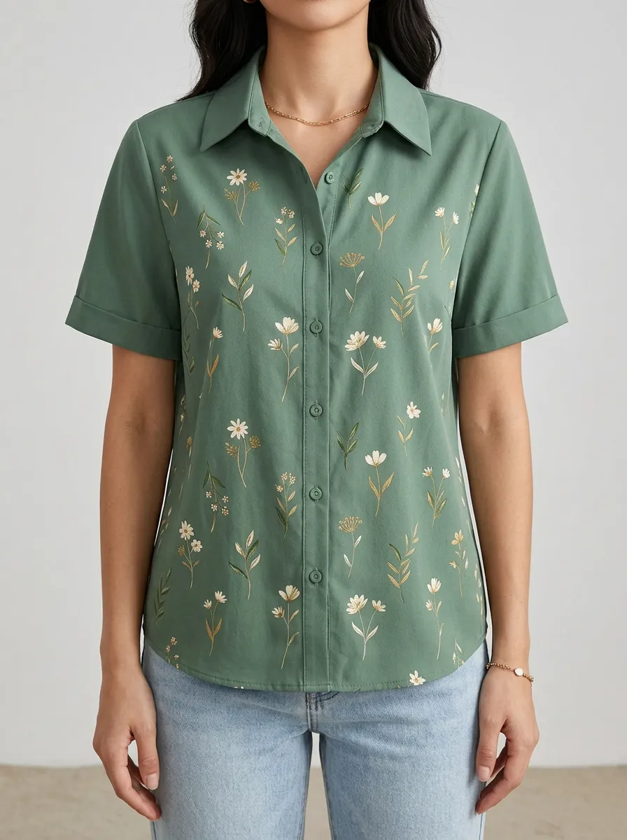 Women's Button-Front Embroidered Shirt