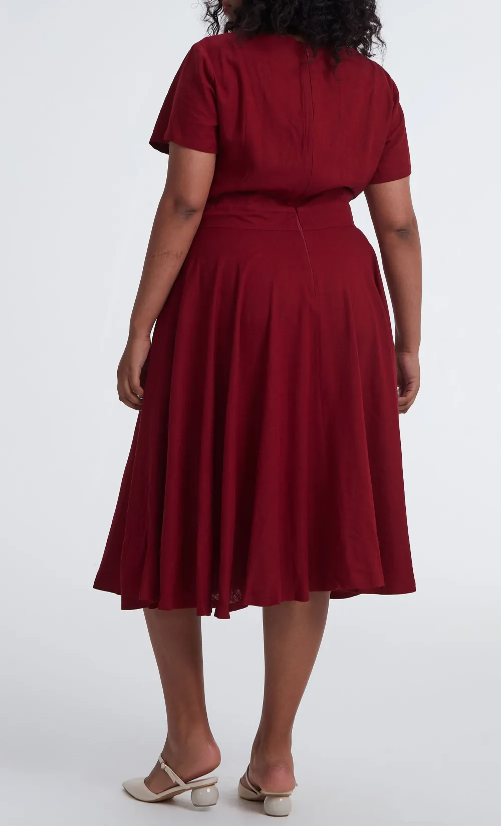 Linen Cotton A Line Swing Boat Neck Short Sleeve Midi Dress