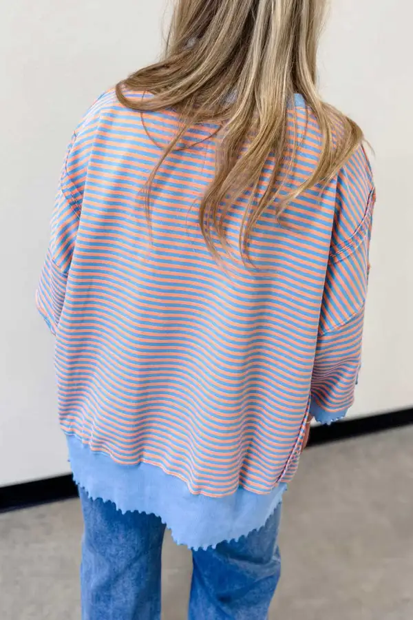Striped Scalloped Trim Relaxed Three Quarter Sleeve Top
