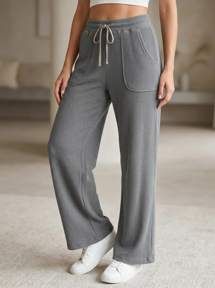 Women's Casual Waffle Knit Drawstring Wide Leg Pants
