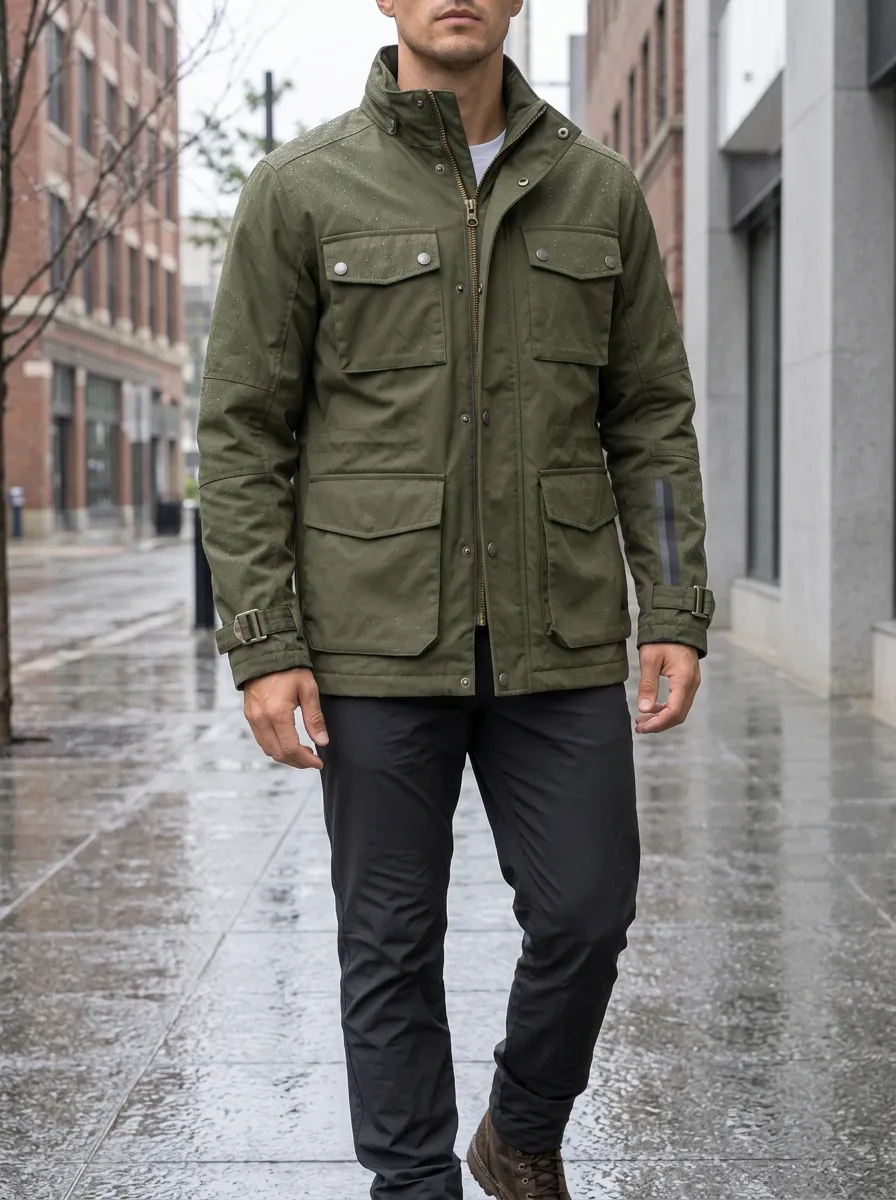 Men's Olive Green Waterproof Field Jacket with Flap Pockets and a Stand Collar