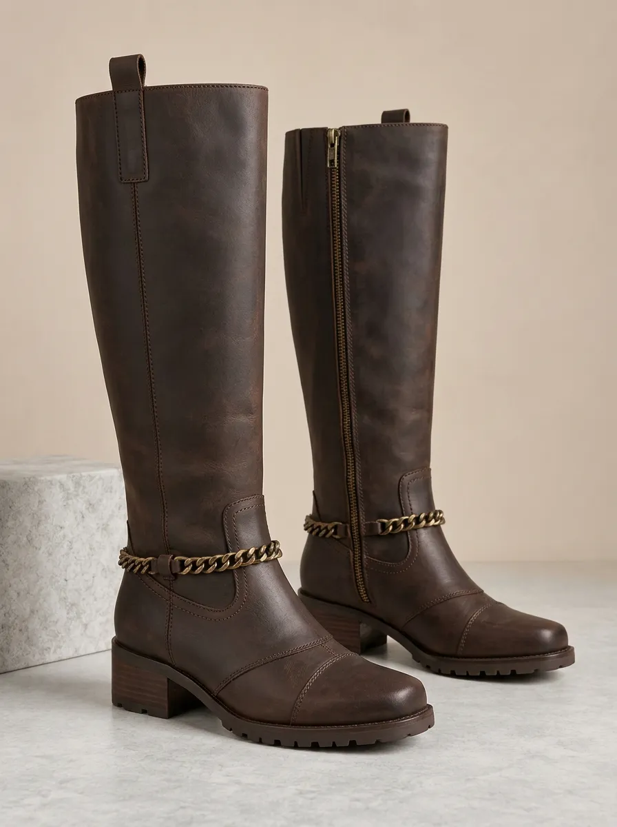 Women's Knee High Boots Chain Detail Leather Graphic Detail