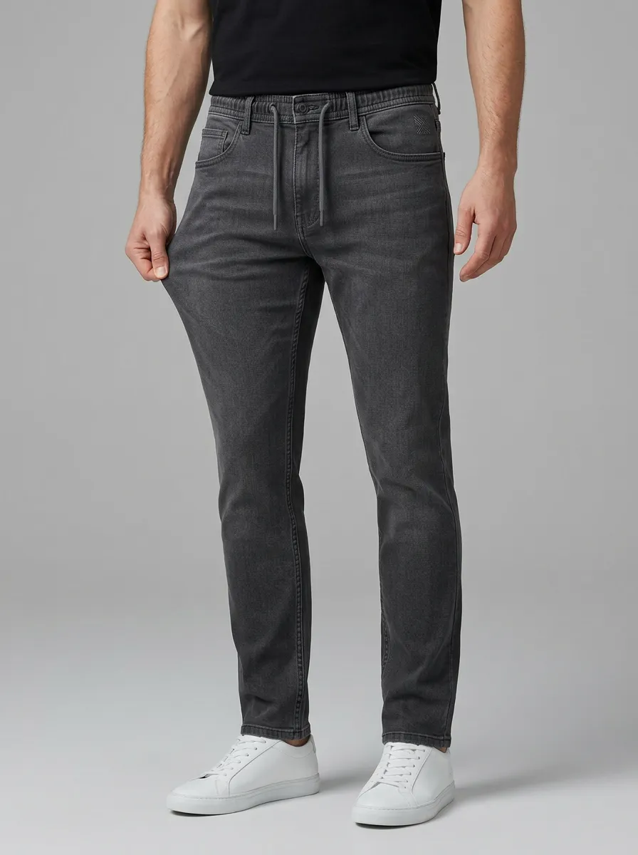 Men's Casual Grey Drawstring Waist Stretchy Denim Jeans