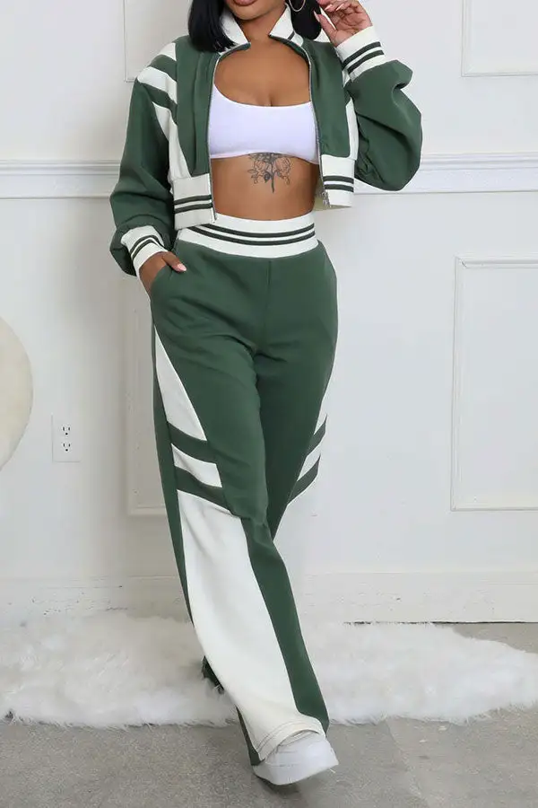 Colorblock High Neck Long Sleeve Pant Set