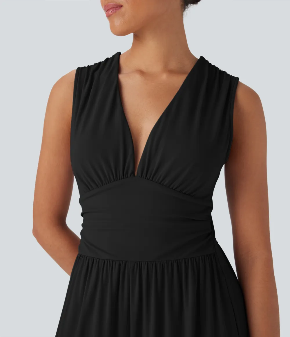 SoftlyZero Airy V Neck Sleeveless Ruched Pocket Cool Touch Casual Jumpsuit-Easy Peezy