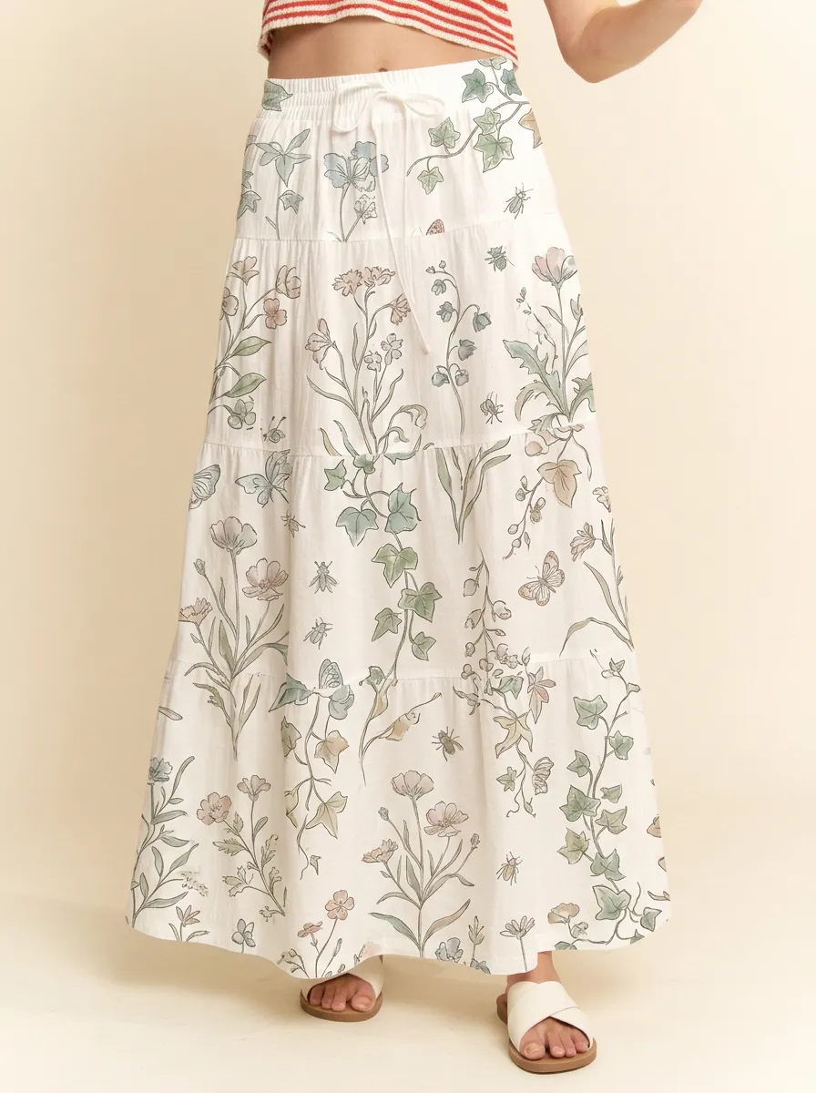 Women's Botanical Garden Butterfly Printed Tiered Maxi Skirt