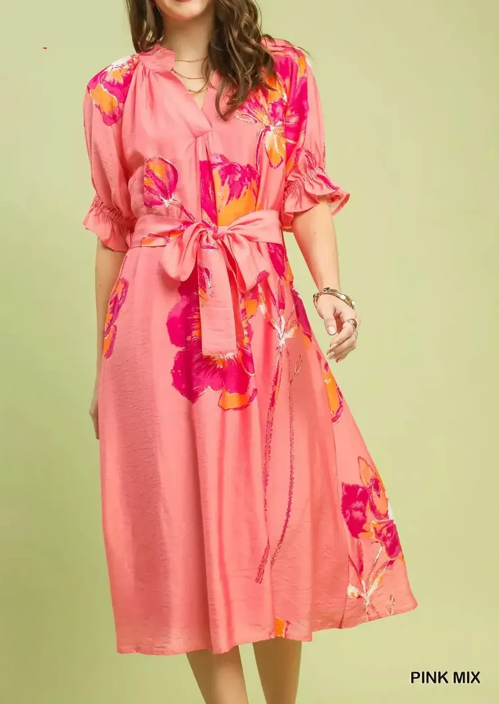 Flounce Sleeve Midi Dress with Belted