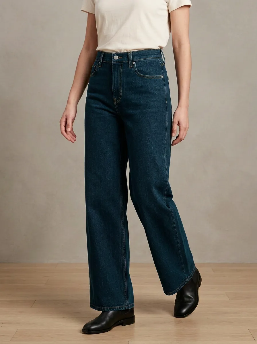 Wide-Leg Washed Denim Denim Jeans