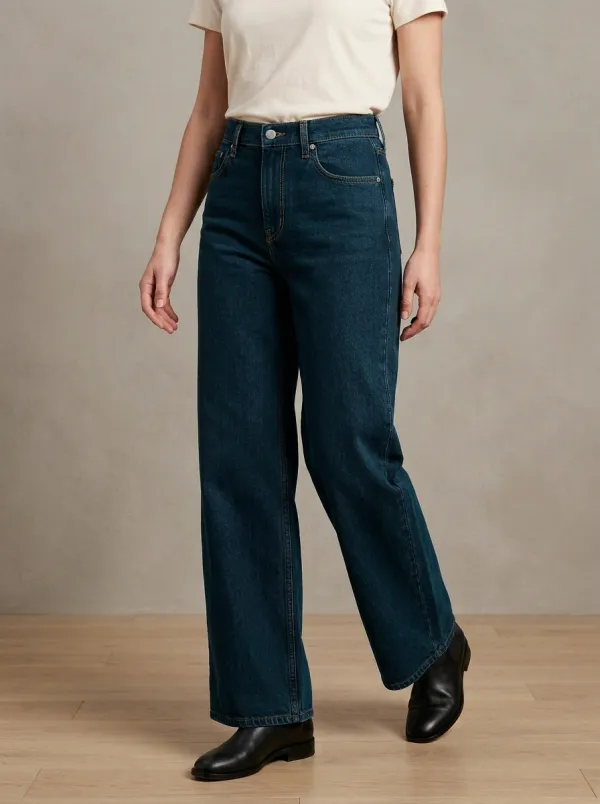 Wide-Leg Washed Denim Denim Jeans