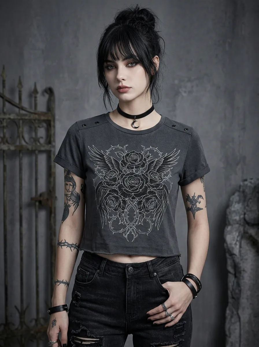 Underground Rose Thorn Wing Dark Look Women's Gothic T-Shirt