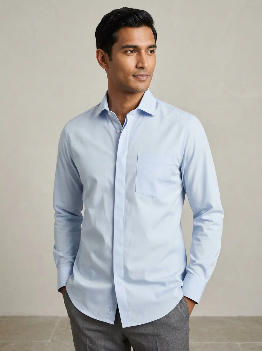 Men's Non-Iron Cotton Light Blue Pocket Dress Shirt