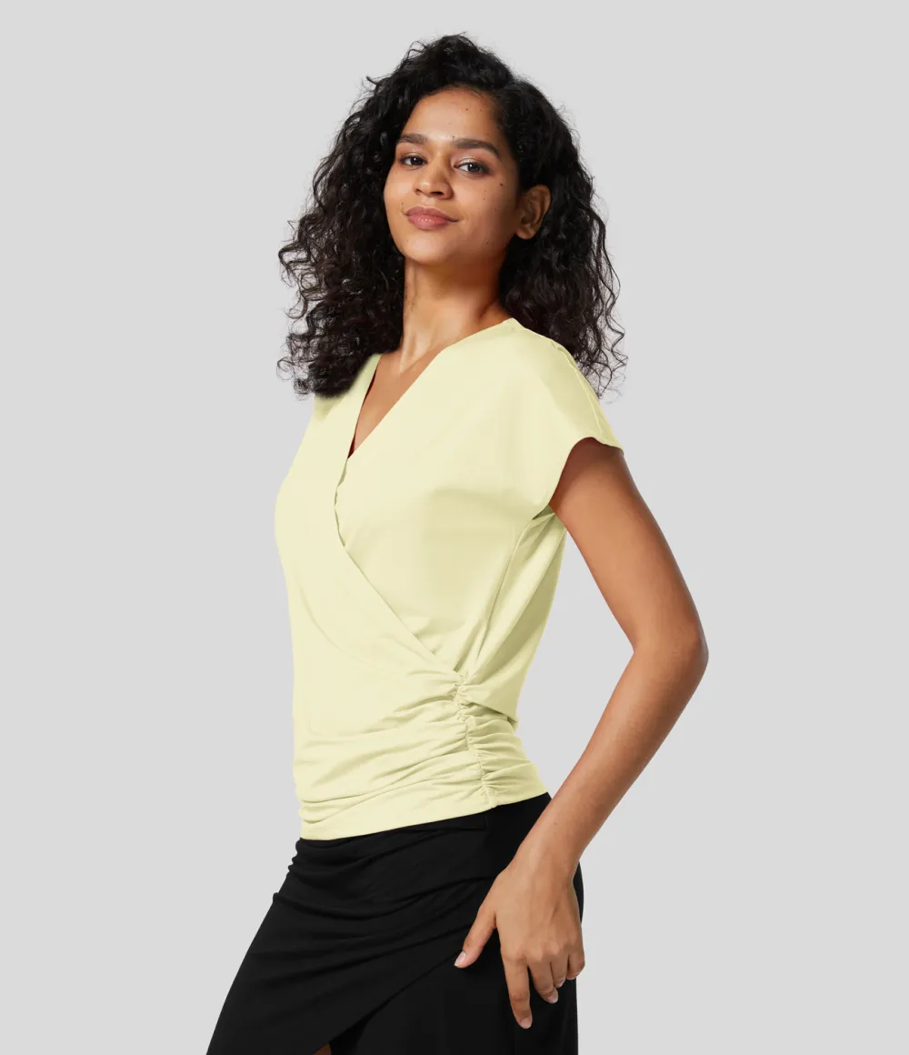 V Neck Cap Sleeve Crossover Ruched Solid Work Blouse